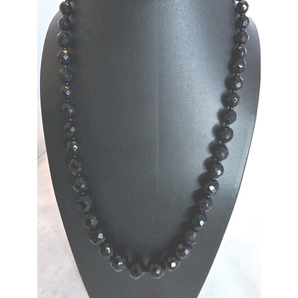 Vintage Black Faceted Glass Bead Necklace 22" Long Strand Minimalist Classic